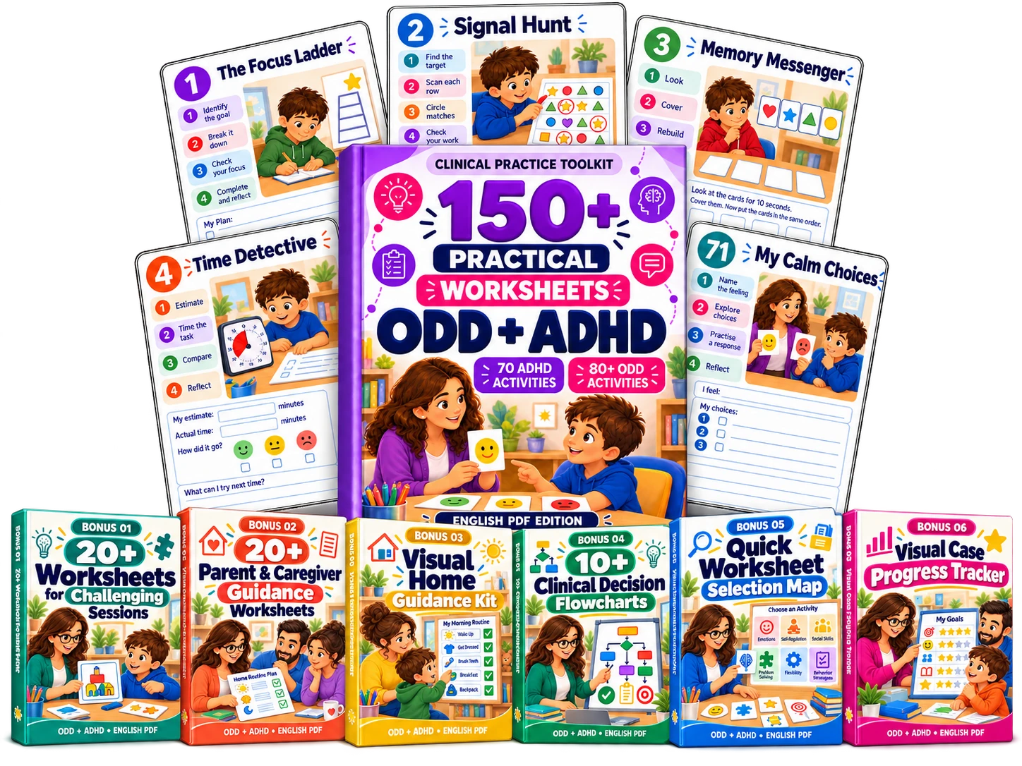 Illustrative complete bundle mockup with the main ODD and ADHD toolkit and all six bonus workbooks
